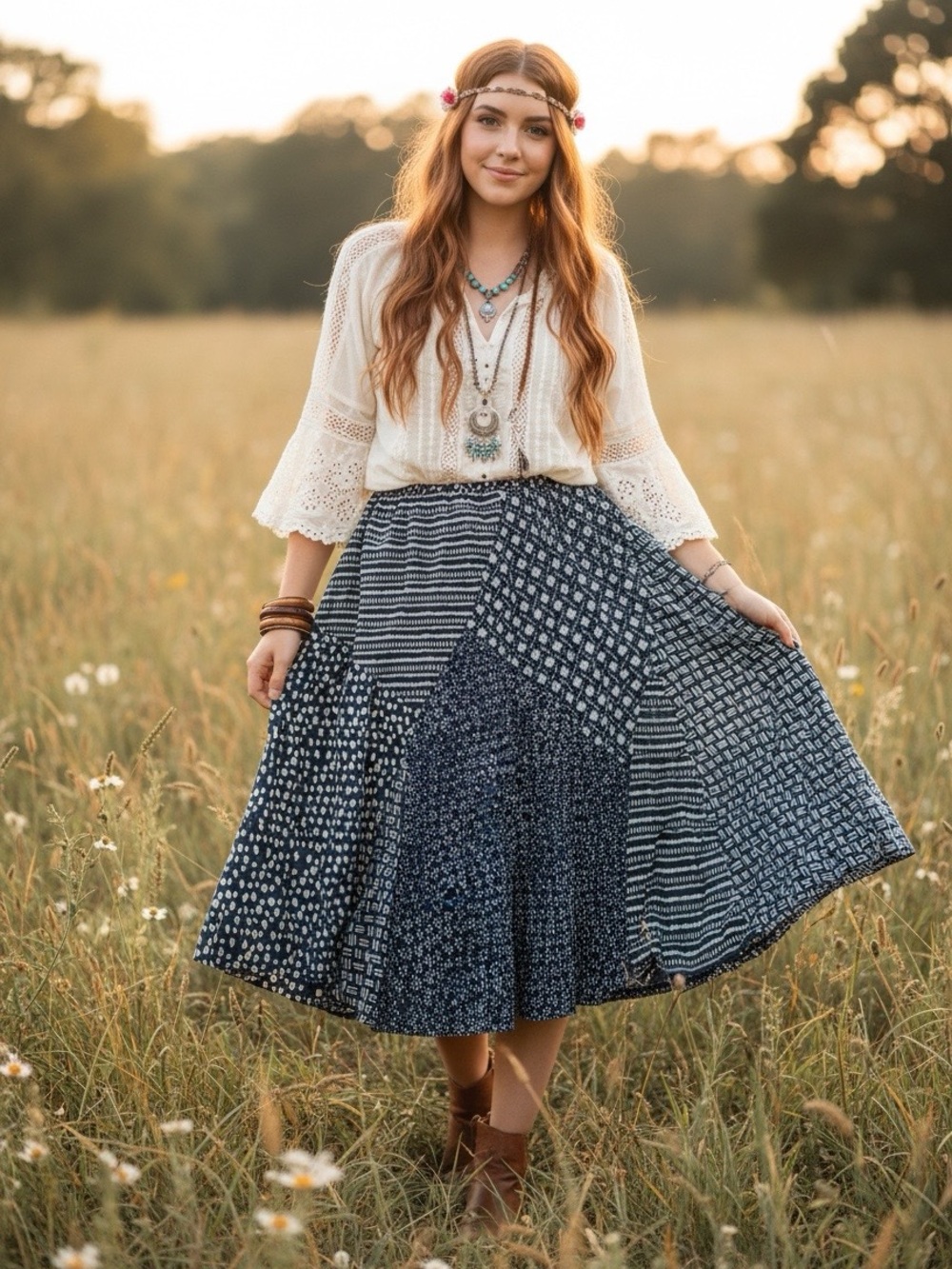Boho Country Bandanna Patchwork Navy  Women’s Stylec&Co cotton lined Midi Skirt